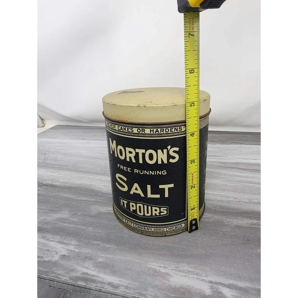 2 Vintage MORTON SALT When It Rains It Pours Metal Tin Canister Can Bristol Ware